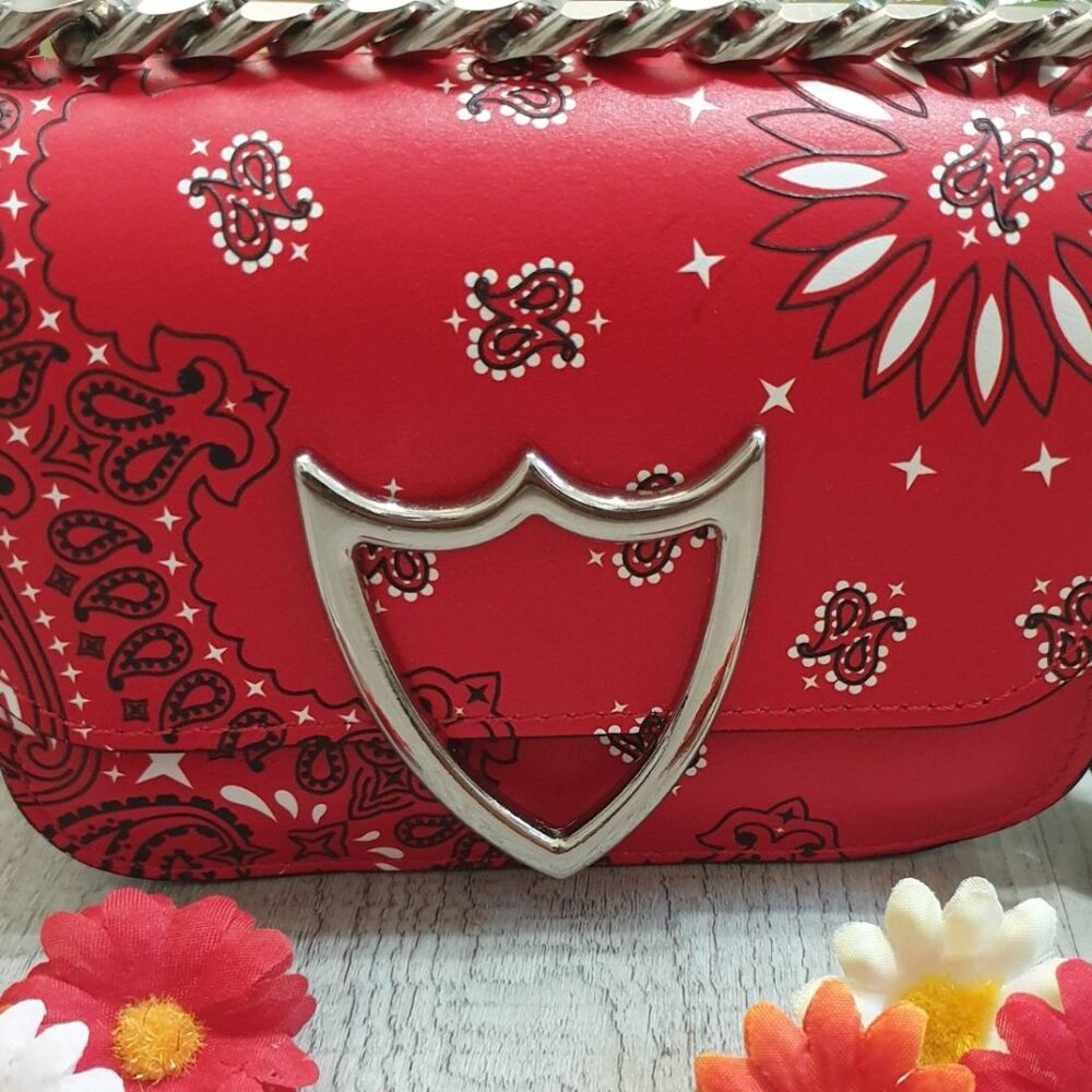 Italian HTC L.A Leather Handbag Paisley Red Black Small Casual Formal Purse Gift - Picture 3 of 10